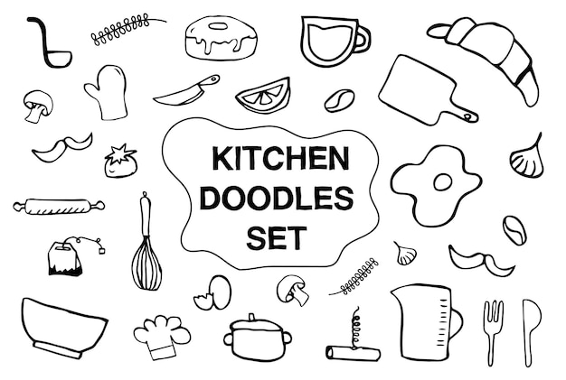 Vektor küchen-ikonensatz mit handgezeichneten linien, küchen-kochenwerkzeuge und -geräte