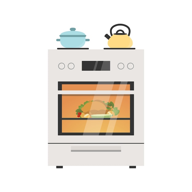 Küchenherd flache vektorgrafiken mit topf und wasserkocher auf dem herd zubereitung von speisen