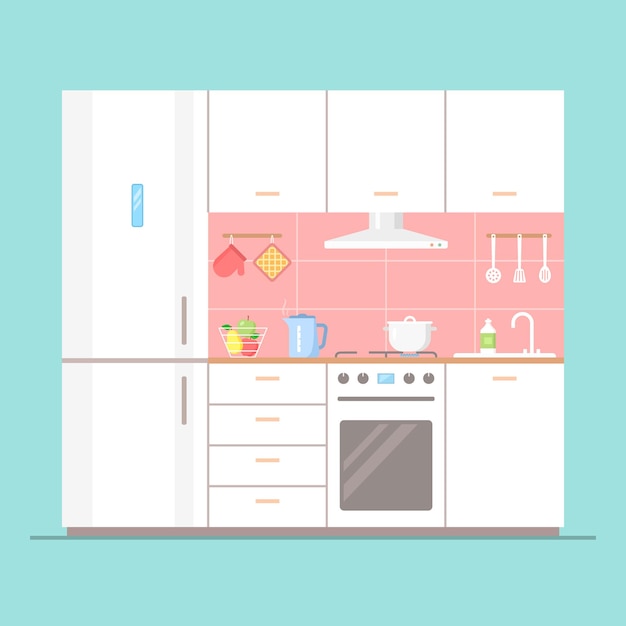 Kücheninnenraum mit Möbeln Moderne Illustration des flachen Designs des Vektors Quadratischer Plan