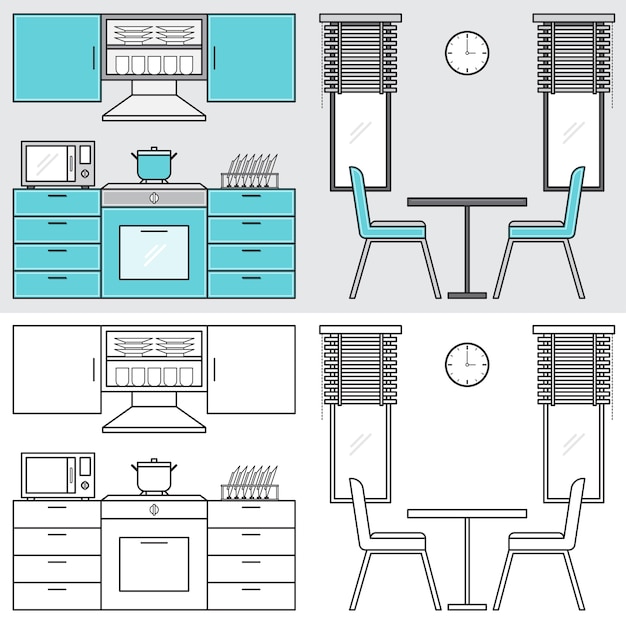 Kücheninnenraum mit Möbeln und Esszimmer.