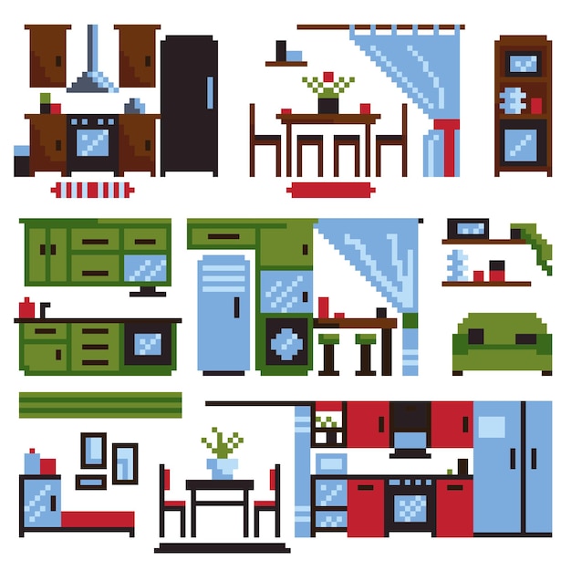Küchenmöbel-Set isoliert auf weißem Hintergrund. Vektorillustration im Pixelkunststil.