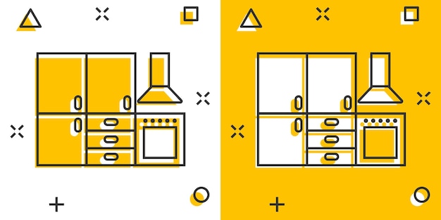 Küchenmöbel-symbol im comic-stil küche cartoon-vektor-illustration auf weißem, isoliertem hintergrund geschäftskonzept mit splash-effekt im kochraum