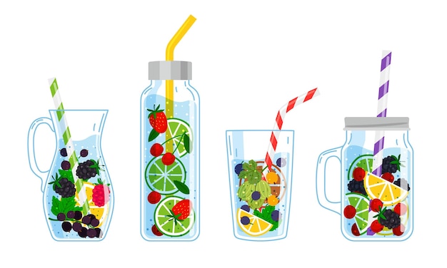 Kühlgetränke mit früchten. cartoon-gläser mit cocktails, handgezeichnete kühle getränke mit frischen früchten, vektorgrafik von sommerlimonade isoliert auf weißem hintergrund