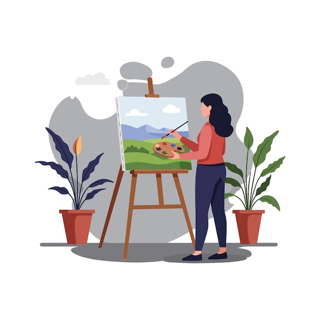 Künstler malt Landschaft auf Leinwand mit Pflanzen im Hintergrund und Palette in der Hand