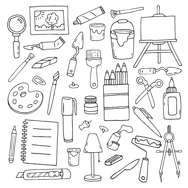 Künstler-Set, Zubehör und Werkzeuge zum Zeichnen, Malen, Design, Doodle-Vektor-Illustration, handgezeichnet