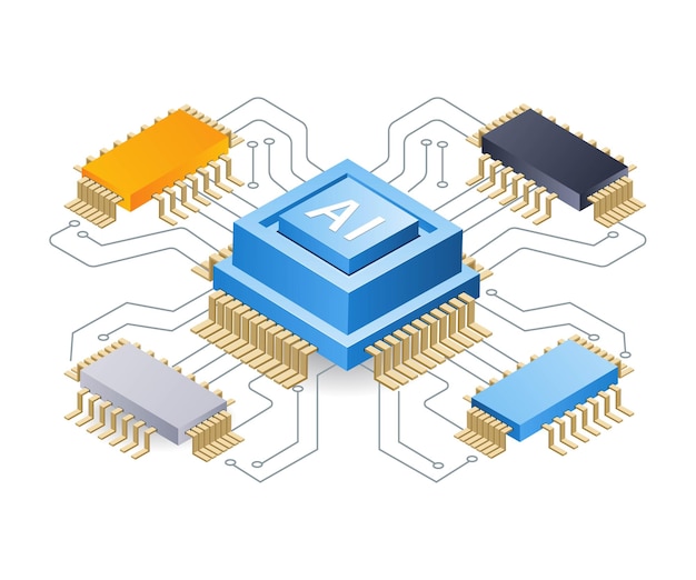 Künstliche Intelligenz angetriebene Chip-Technologie flache isometrische 3D-Illustration