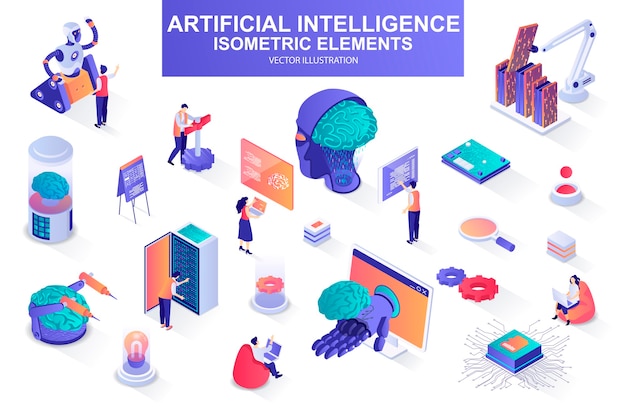 Künstliche intelligenz bündel isometrischer elemente illustration