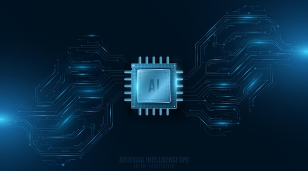 Künstliche intelligenz-cpu mit lichteffekten, leuchtende schaltung, computerplatine, big-data-konzept, technologiehintergrund, vektorillustration