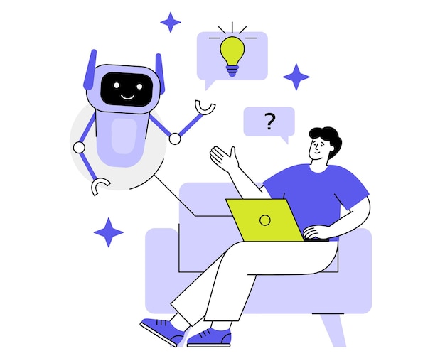 Künstliche Intelligenz hilft einem Menschen, eine Arbeitsaufgabe zu lösen Ein niedlicher Roboter gibt einer Glühbirne eine Idee