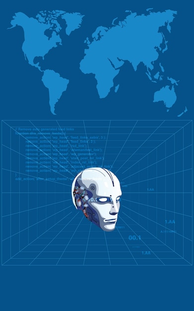 Künstliche Intelligenz in einem Cyborg-Kopf mit einem elektronischen Gehirn Neuralnetzwerke