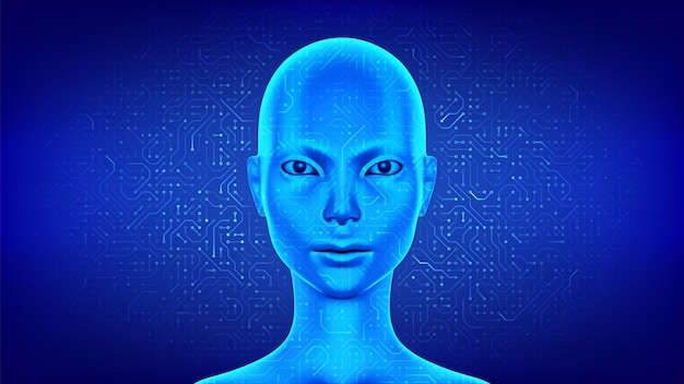 Künstliche Intelligenz Konzept Weibliches elektronisches Gesicht Cyborg weiblicher Kopf Weiblicher Roboter Gesicht des Cyber-Geistes Intelligenter Assistent Neuronales Netzwerk Schaltplattenmuster Hintergrund Vektorillustration