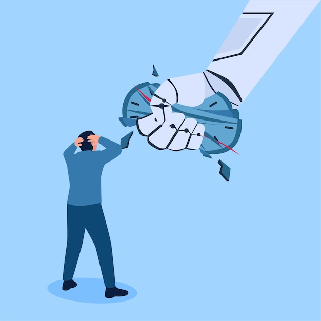 Künstliche Intelligenz Roboterhand zerstört die Uhr eine Metapher des Rennens mit künstlicher Intelligenz flache konzeptionelle Illustration