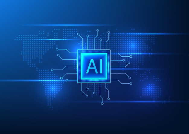 Künstliche Intelligenz-Technologie KI-Chip auf der Weltkarte zeigt KI-Technologie, die spielt