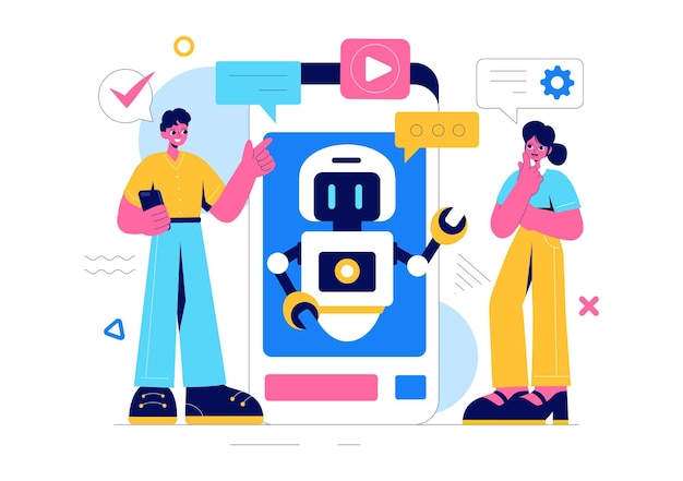Künstliche Intelligenz Vektor-Illustration mit einer digitalen Gehirn-Technologie und Engineering mit einem Programmierer, der Daten oder wissenschaftliche Daten analysiert