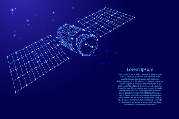 Künstliches satellitenorbital der erde mit sonnenkollektoren aus futuristischen polygonalen blauen linien und leuchtenden sternen für banner