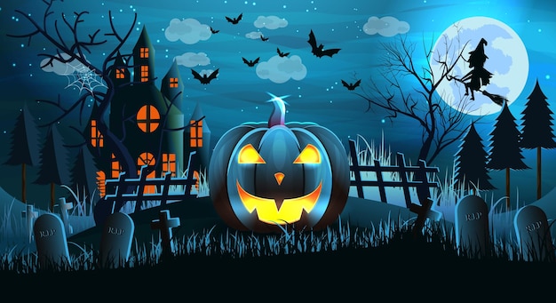 Kürbis-Halloween-Hintergrunddesign mit Spukhaus