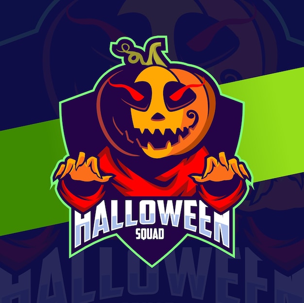 Vektor kürbis-halloween-maskottchen-charakter-esport-logo-design für halloween-feier und spiellogo