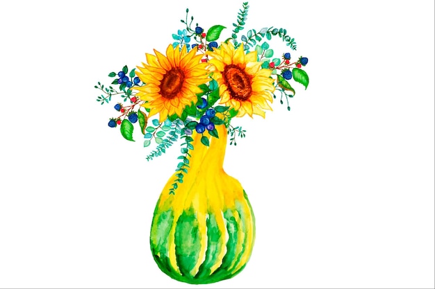 Kürbis mit Sonnenblumenblumen. Aquarellillustration im Boho-Stil.