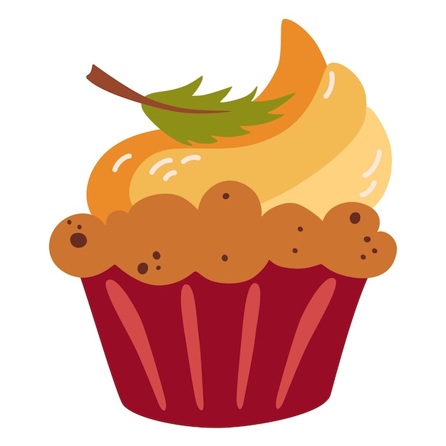 Kürbis-muffin. dessert im herbst. hausgemachte weihnachtsgebäck. muffins mit käsecreme und herbstdekor. traditionelles thanksgiving day dessert. vektor-illustration im flachen cartoon-stil.