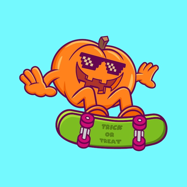 Kürbis spielt skateboard-cartoon-vektor-symbol-illustration. halloween-konzept isolierter premium-vektor.