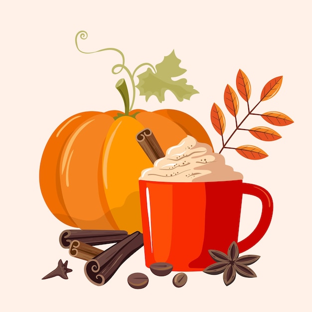 Kürbisgewürz latte. ein großer kürbis und ein duftendes würziges getränk in einer tasse. köstliche herbstillustration.