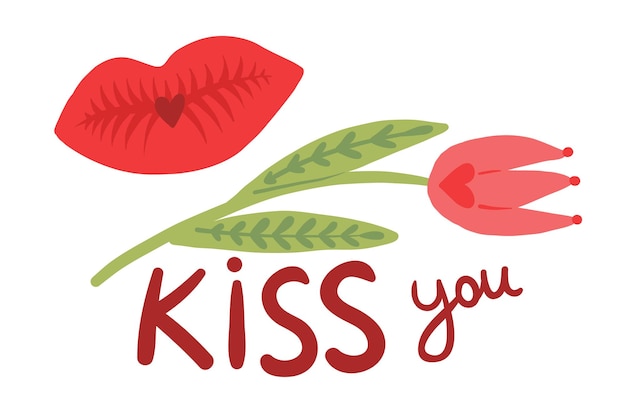 Küsse dich schriftzug mit roter tulpe romantischer liebesaufkleber