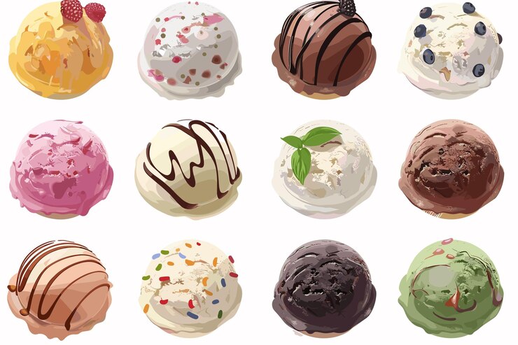 Vektor kugeln verschiedener eiscreme auf weißem hintergrund