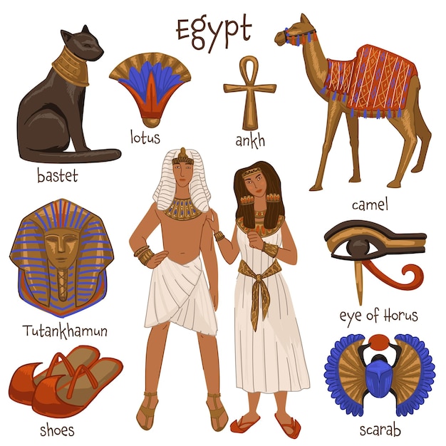 Vektor kultur und traditionen des alten ägypten, isolierter mann und frau, die antike kleidung tragen. kamel-säugetier- und katzengottheit, skarabäus und schuhe ankh und auge von horus, lotus und tutanchamun. vektor im flachen stil