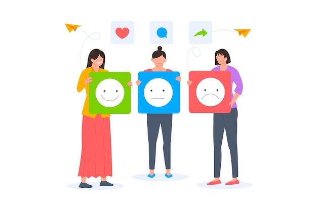 Vektor kunde, der feedback mit emoji-vektorillustration gibt