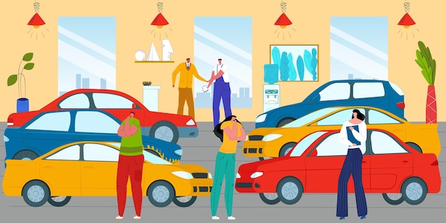 Kunde mann frau im autohaus fahrzeug automobil verkauf business vector illustration menschen kaufen auto beim händler shop flat dealership service