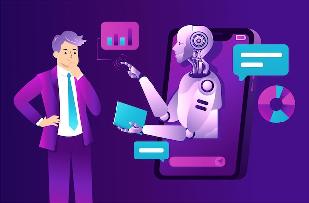 Kunden führen einen Dialog mit Chatbots auf Smartphones. KI-Assistentenunterstützung und FAQ-Konzept.