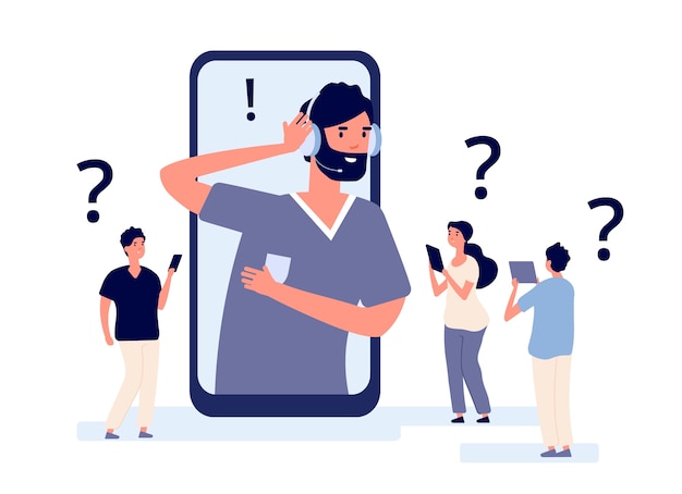 Kunden-Support-App. Profis helfen Kunden mit Smartphone. Abbildung der Telemarketing-Kommunikation. Kundendienst, Online-App-Hilfe, Kontaktunterstützung
