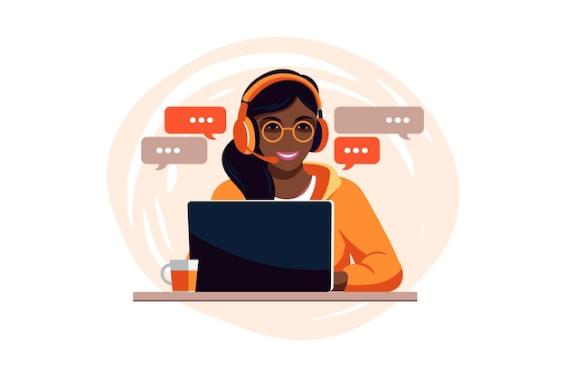 Kundenbetreuungskonzept Afrikanerin mit Kopfhörern und Mikrofon mit Laptop Unterstützungs-Assistenz-Callcenter Vektorillustration Flachstil