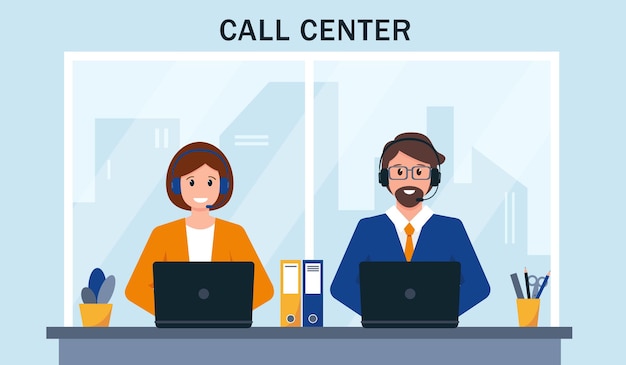 Kundendienst oder Callcenter. Mann und Frau mit Kopfhörermikrofon