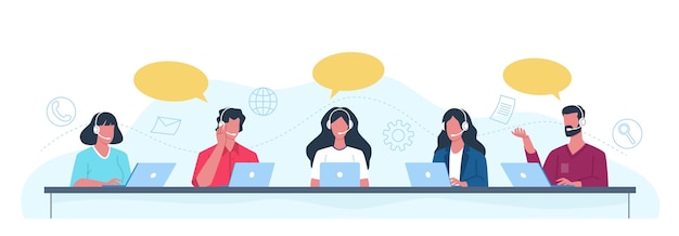 Kundendienstmitarbeiter Callcenter-Mitarbeiter helfen Kunden beim Helpdesk-Konzept. Büromänner und -frauen mit Headset geben professionelle Ratschläge. Menschen beantworten die Fragen der Kunden, Vektorset