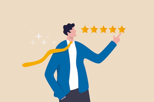 Kundenfeedback 5-Sterne-Bewertung, beste Qualität, Exzellenz-Hochleistungsbewertung, positives Ranking oder Geschäftsruf und Zufriedenheitskonzept, Vertrauensgeschäftsmann mit 5-Sterne-Bewertung.