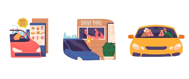 Kundenfiguren bestellen und sammeln bequem Fastfood aus ihren Fahrzeugen bei The Drivethru, bieten einen schnellen Service und minimalen Kontakt für Onthego Dining Cartoon People Vector Illustration