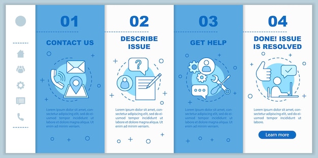 Kundensupport beim Onboarding mobiler Webseiten Vektorvorlage Kundenservice Kundenmanager Infocenter Responsive Smartphone-Website-Schnittstelle Webseiten-Walkthrough-Schrittbildschirme Farbkonzept