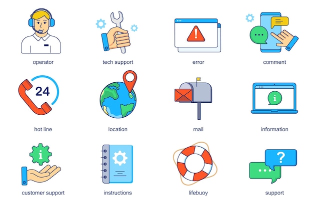 Kundensupport-Konzeptzeilensymbole gesetzt Packen Sie skizzenhafte Piktogramme der Hotline für Bedienerfehlerkommentare ein