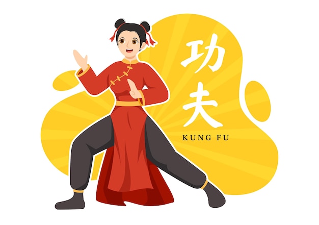 Kung-fu-illustration mit menschen, die chinesische sport-kampfkunst in handgezeichneten cartoon-vorlagen zeigen
