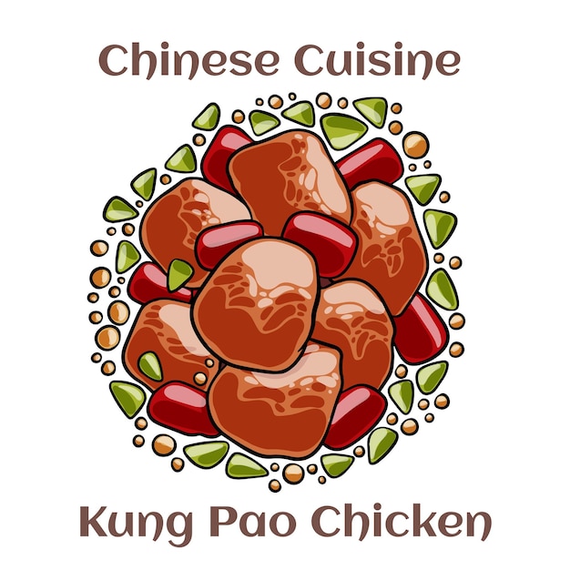 Kung Pao Chicken Ein würziges Stimfry-Gericht mit Hähnchen-Erdnuss-Gemüse und Chilischoten Chinesisches Essen Vektorbild isoliert