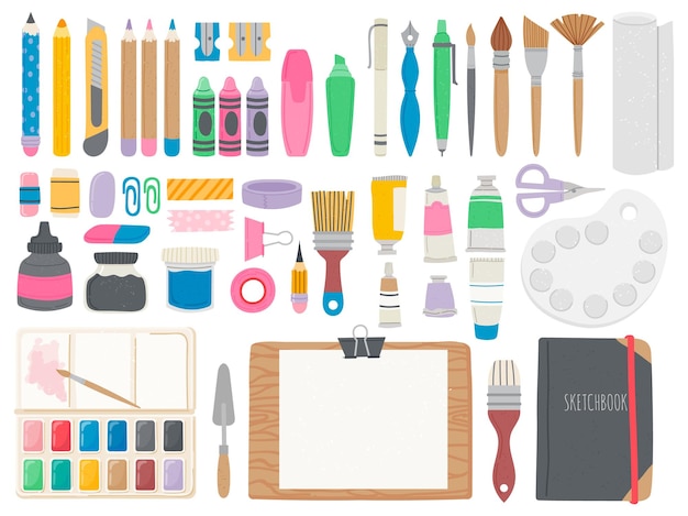 Kunstbedarf. künstler-toolkit mit buntstiften, pinseln, aquarellfarbentuben, bleistiften und staffelei. ausrüstung für zeichnen und kalligraphievektorsatz. illustrationskunstsammlung pinsel und werkzeugzubehör