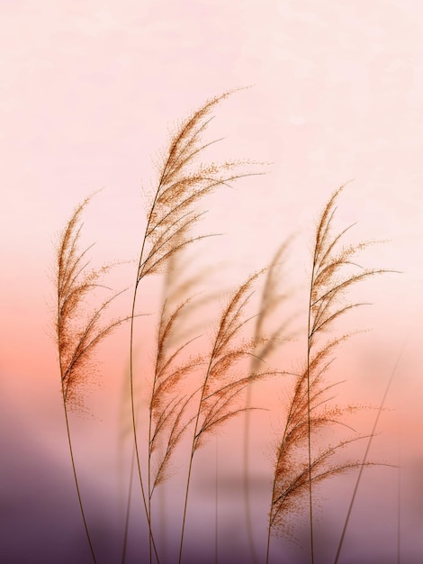 Kunstbild mit Pampasgras bei Sonnenaufgang oder Sonnenuntergang. Botanisches Poster für Verpackungsdesign, Dekoration, Wohnkultur, Poster