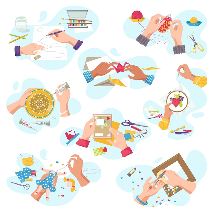Vektor kunsthandwerkswerkstatt für kreatives hobby, draufsicht handwerkerhände schaffen künstlerisches handwerk, auf weißen illustrationen gesetzt. schneiden, malen und stricken, sticken, applizieren, sägen.