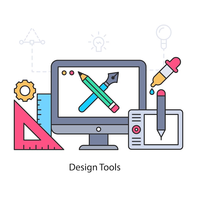 Kunstpinsel und bleistift im inneren der monitorillustration von designwerkzeugen