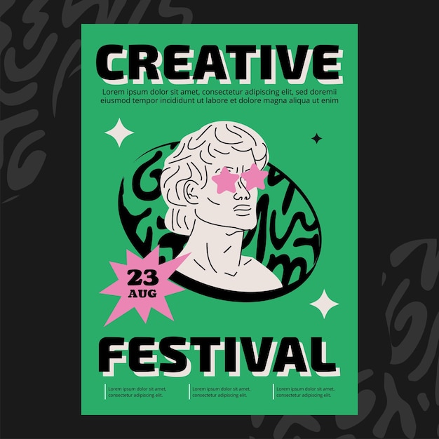 Kunstplakat für eine konzertausstellung kreative festivalshow handgezeichnete illustrationen mit dem kopf einer griechischen statue abstraktes cover im stil der 80er jahre