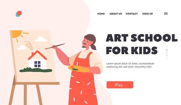 Kunstschule für Kinder Landing Page Template Talentiertes Kind malt auf Staffelei im Künstleratelier Little Girl Character Draw