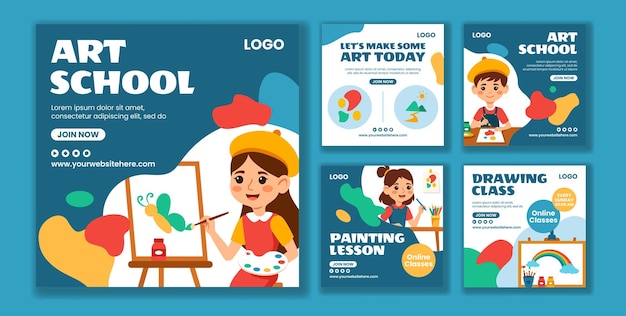 Kunstschule Soziale Medien Post flache Cartoon Hand gezeichneten Vorlagen Hintergrund Illustration