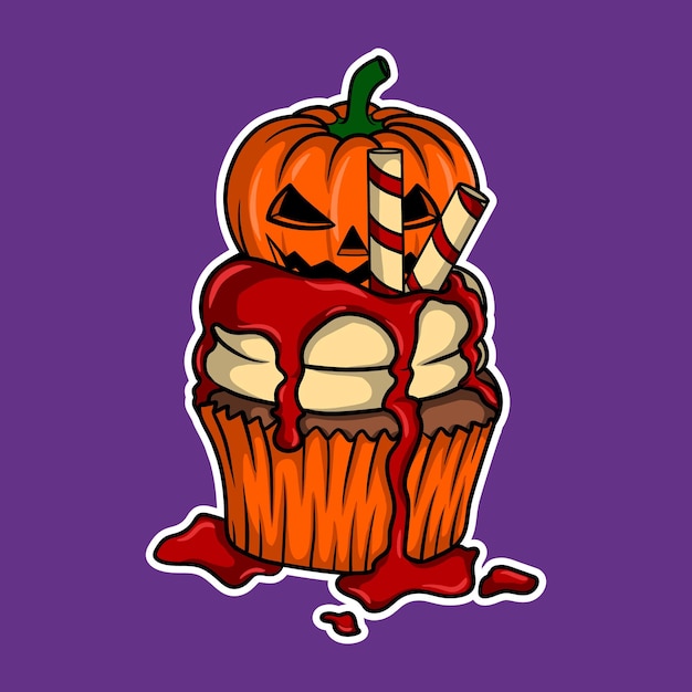 Kunstwerk-illustration und t-shirt-design, süßer halloween-kuchenaufkleber-charakter