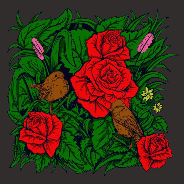 Kunstwerk illustration und t-shirt design vogel und rose